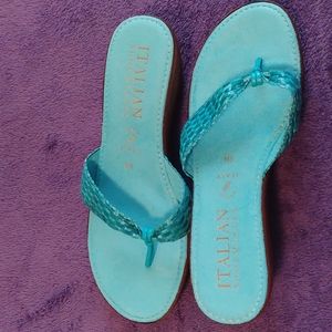 Ladies Italian turquoise sandals Straw straps, wooden soles